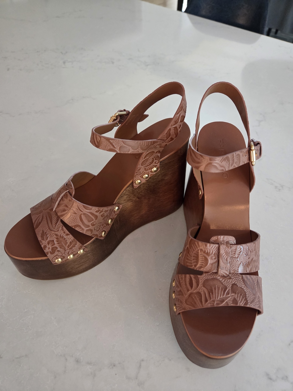 FARM Rio Embossed Tan Brown Leather Wedge Sandals